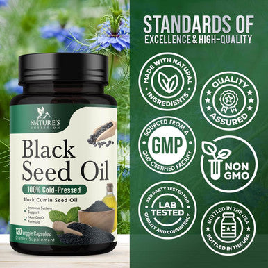 Nature'S Nutrition Premium Black Seed Oil Capsules Extra Strength 1000mg - Cold Pressed Nigella Sativa Blackseed Oil Pure Black Cumin Seed Oil & Antioxidant for Skin & Immune Support - Non-GMO & Vegan - 120 Count
