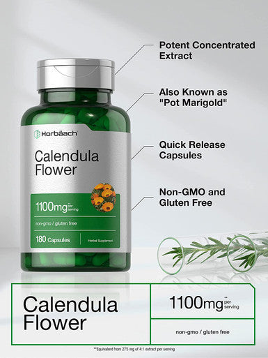 Calendula Flower Capsules 1100mg | 180 Count | Marigold | Non-GMO, Gluten Free Herbal Supplement | by Horbaach