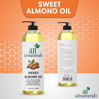 Aitnaturals Organic Sweet Almond Oil - 473ml | 100% Pure Cold-Pressed | Ideal for Hair Growth Nails Glowing Skin and Face | Vitamin E Carrier Oil for Moisturizing Facial Polish and Body Massages