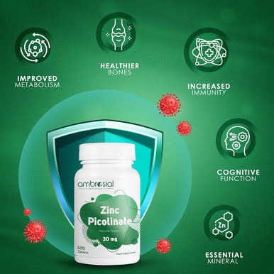 Ambrosial Ambrosial Zinc Picolinate 30mg | High Strength Zinc Mineral Supplement for Immune Support Bones Hair Skin & Nails (Pack of 1-120 Tablets)