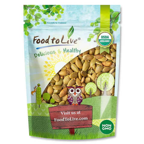 Food to Live Organic Dry Roasted Pumpkin Seed Kernels, 1 Pound - Non-GMO, Unsalted, Oven Roasted Whole Pepitas, No Oil Added, Shelled, Vegan, Kosher, Keto, Bulk. Low in Carbs. High In Protein.