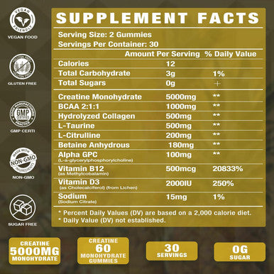 Creatine Monohydrate With Vitamins D3 & B12 Sugar-Hydrolyzed Collagen & Creatine Gummies Formulated To Enhance Muscle Strength Workout Supplement Suitable For Men & Women 60 Count