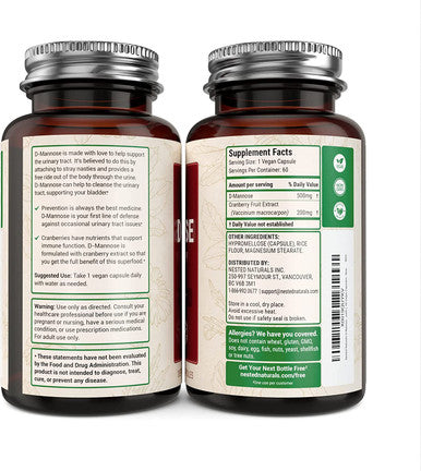 Nested Naturals D-Mannose 500 mg Supplement with Cranberry Extract | Natural Fast Treatment for UTI Bladder Infections | D Mannose Cranberry Pills | Urinary Tract & Bladder Health | 60 Vegan Capsules