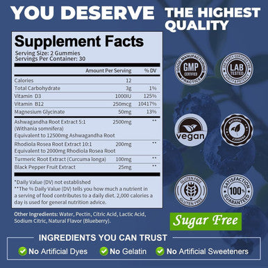Totaria (2 Packs) Sugar Ashwagandha Filled Gummies W/Vitamin D3, Magnesium Glycinate, Rhodiola, Ultra Strength Ashwa Root Supplements For Women & Wen, For Relaxation, Energy, Cortisol Gummies