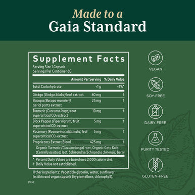 Gaia PRO Brain Daily NF-kB Formula - Brain Supplement for Memory - with Bacopa, Ginkgo, Gotu Kola, Rosemary, Schisandra, Organic Turmeric, Black - 60 Vegan Liquid Phyto-Capsules (60 Servings)