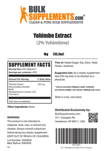 BulkSupplements Yohimbe Extract Powder - Herbal Supplement for Energy Support - Sourced from Yohimbe Bark - - 250mg , 4000 Servings (1 Kilogram - 2.2 lbs)