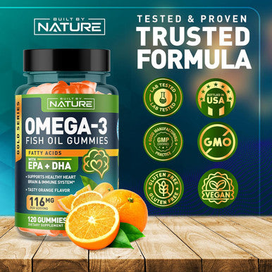 Built Nature Omega 3 Fish Oil Gummies With Epa & Dha From Wild Fish - Triple Strength Omega 3 Fish Oil Gummy, Supports Healthy Heart, Brain & Immune System, Burpless & Natural - 120 Gummies, 60 Day Supply