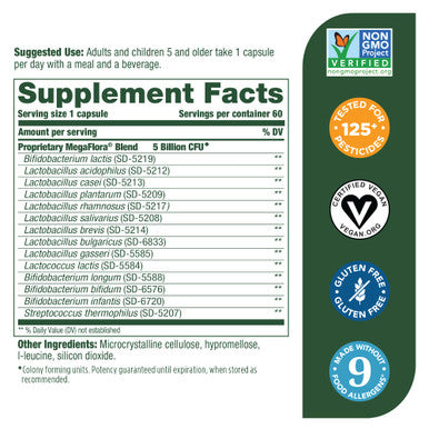 MegaFood Megaflora Probiotic Kids - Probiotics For Kids 5+ 14 Probiotic Strains & 5 Billion Cfus - Probiotics For Digestive Health- Immune Support Non-Gmo Made Without 9 Food Allergens - 60 Caps