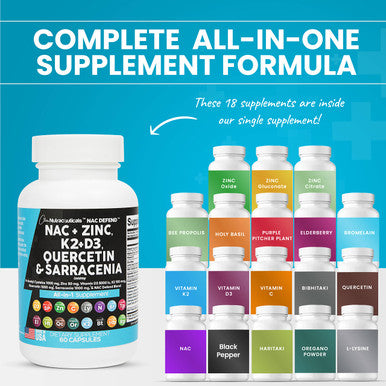 NAC Supplement N-Acetyl Cysteine 1000mg Vitamin D3 K2 Zinc Quercetin 1000mg Sarracenia Purpurea 1000mg with Elderberry Holy Basil Bee Propolis Bromelain L-Lysine - 60 Count