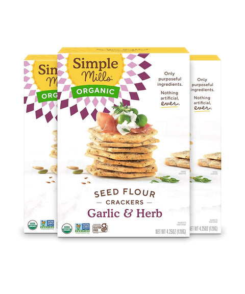 Simple Mills Organic Seed Crackers, Original, Gluten Free, Flax Seed, Sunflower Seeds, Corn Free, Low-Calorie Snacks, Plant Based, Nutrient Dense, 4.25oz, 3 Count