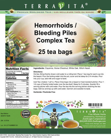 Terravita Hemorrhoids/Bleeding Piles Complex Tea - Horse Chestnut, Cayenne, Witch Hazel And More (25 Tea Bags, Zin: 517078)
