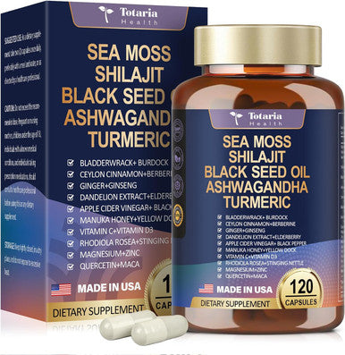 Totaria 25 In 1 Sea Moss Black Seed Oil Ashwagandha Ginger Shilajit Supplement 18525Mg Sea Moss Capsules With Bladder Burdock Ceylon Cinnamon Berberine Acv Manuka Vit C and D3 For Immune Gut and Energy 120 Capsules