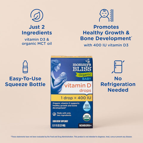 Mommys Bliss Organic Baby Vitamin D Drops Promotes Healthy Growth and Bone Development Age Newborn+ 0.11 Fl Oz (100 Servings) Pack of 2