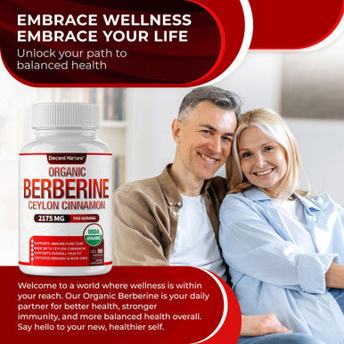 DECENT NATURE Organic Berberine with Ceylon Cinnamon 2175mg Premium berberine supplement high purity extract USDA Organic support immune system Berberine Plus Complex Non GMO Vegan for Men Women 90 Capsules