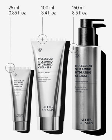 Allies of Skin Molecular Silk Amino Hydrating Cleanser: Hyaluronic Acid, Ceramides, Safflower & Moringa Oils. Nourishes, Conditions & Repairs 100 ml/2.4 oz