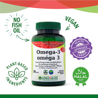 Greeniche Natural Omega-3 Supplement 30 Capsules Source of Omega-3 Fatty Acids DHA/EPA Plant Based Formula One Capsule a day 100% vegetarian Gluten NON-GMO Halal & Kosher