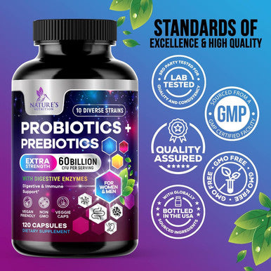 Nature'S Nutrition Daily Probiotics and Acidophilus Prebiotics Supplement 60 Billion CFU Capsule for Women & Men - 10 Diverse Strains - For Bloating Gas & Digestive Gut & Immune Health Support - Vegan - 120 Capsules