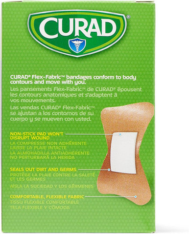 Curad Flex-Fabric Adhesive Fingertip Bandages Skin-Friendly Adhesive 2 x 1.75 Inches Breathable Fabric 100 Bandages Per Box