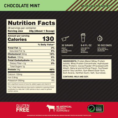 Optimum Nutrition Gold Standard 100% Whey Protein Isolate Powder Chocolate Mint 1.98 Lb 28 Servings