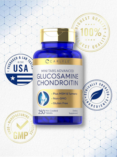 Carlyle Glucosamine Chondroitin MSM Turmeric | 250 Mini Tablets | Non-GMO and Gluten