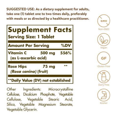 Solgar Vitamin C 500 Mg With Rose Hips 250 Tablets - Antioxidant & Immune Support - Overall Health - Supports Healthy Skin & Joints - Non Gmo Vegan Gluten Free Dairy Free Kosher 250 Servings