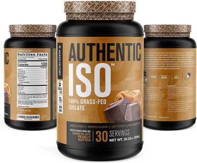 Authentic ISO Grass Fed Whey Protein Isolate Powder Low Carb NonGMO Muscle Building Protein w/No Fillers Mixes Perfectly for Post Workout Recovery Chocolate Peanut Butter 2LB 30sv