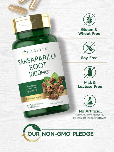 Carlyle Sarsaparilla Root Capsules 1000mg | 120 Count | Non-GMO Gluten Supplement