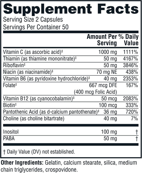 Twinlab Stress B-Complex Caps - Complete B-Complex & 1000 Mg Vitamin C - Energy Support Supplement With Vitamin B12 And B6-100 Capsules