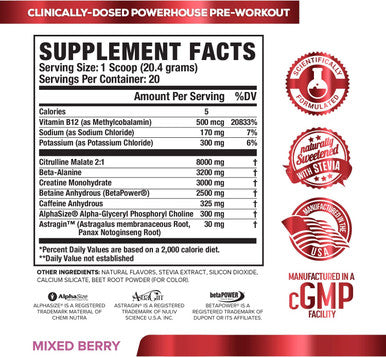 ALTIUS PreWorkout Supplement Naturally Sweetened Clinically Dosed Powerhouse Formulation Increase Energy Focus Enhance Endurance Boost Strength Pumps Performance Mixed Berry Blast 14.3 OZ