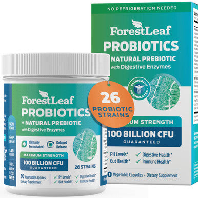 ForestLeaf Probiotics for Men and Women 100 Billion CFU 26 Unique Strains Men's and Women's Probiotic and Prebiotics Support Digestive Health Gut Wellness Energy Mood Immune PH Balance (30 Caps)
