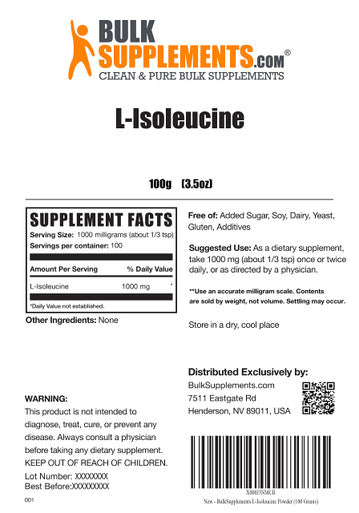 BulkSupplements L-Isoleucine Powder - Amino s for Immune Support, BCAA Supplement - Unflavored, - 1000mg (100 Grams - 3.5 oz)