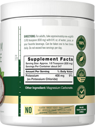 Carlyle Potassium Chloride Powder Supplement 16 oz Food Grade Salt Substitute Vegan Vegetarian Non GMO Gluten
