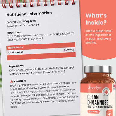 Vitabright D Mannose Capsules (not Tablets) 180 Capsules 1500mg per Serving You Can Open Caps & Mix VitaBright D-Mannose Powder in Drinks for Urine Infection & UTIs Dmannose for Urinary Infections Made in UK