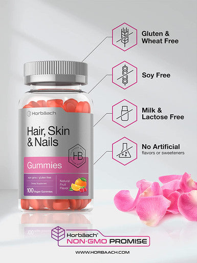 Hair Skin and Nails Gummies 100 Count with Biotin Fruit Flavored Vitamins Non GMO Gluten Free by Horbaach