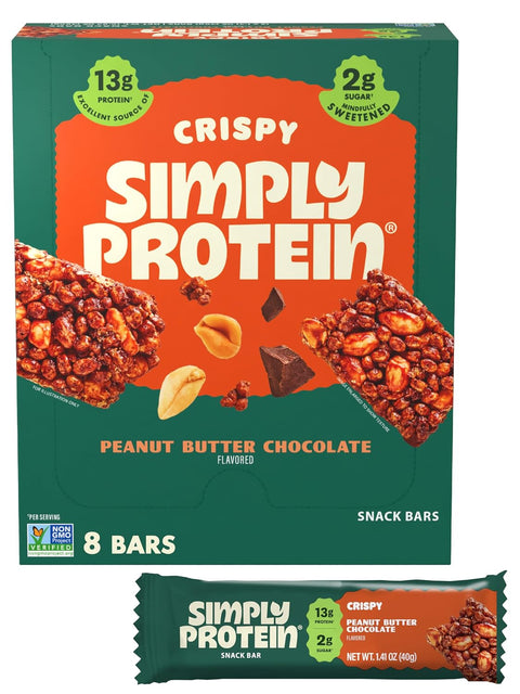Simply Protein - Dark Chocolate Almond Crispy Bars - Plant Based Protein Bars - Low Carb, Low Sugar, High Fiber - 13g Protein, 2g Sugar, 7g Fiber - Vegan, Gluten Free, Non GMO, Kosher - 32 Bars