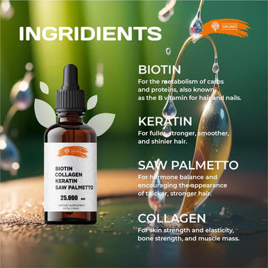 SIRUNES Liquid Collagen Supplements For Women - Comprehensive Formula Hair Skin Nails Supplement With 10000Mcg Collagen 5000 Mcg Biotin 5000 Mcg Keratin 5000 Mcg Saw Palmetto, Made In Usa, 4Fl Oz