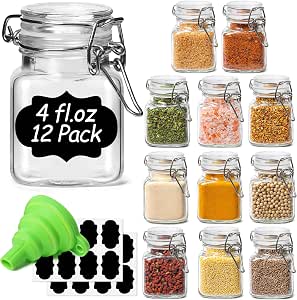 KIVY Spice Jars with Labels [24x 4oz] Glass Seasoning Containers with Airtight Lids for Organization - Empty Square Bottles for Spices & Seasonings with Shaker Lids - Spice Containers Wood Bamboo