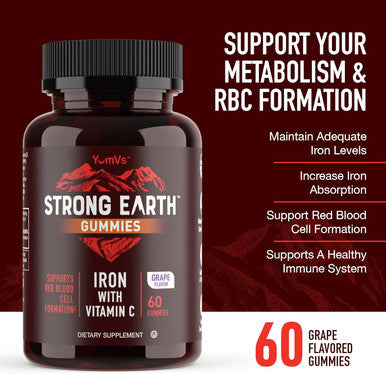 Strong Earth - Iron With Vitamin C Gummies For Adults, Teens & Kids (60 Count) Iron Supplements With Vitamin C Gummy Blood Builder Anemia Fe Iron Gummies Iron Supplement For Women And Men