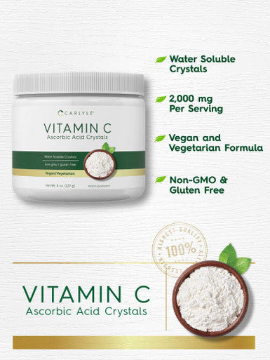 Carlyle Ascorbic Acid Powder | Vitamin C | 8 Ounces | Water Soluble Crystals | Vegan, Vegetarian, Non-Gmo And Gluten Free Supplem