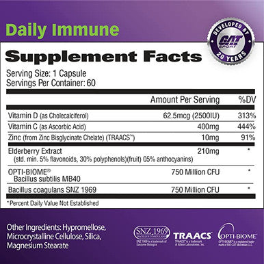 GAT Sport Daily Immune - Natural Healthy Immune Support with Elderberry, Zinc and Probiotics, 60 Capsules