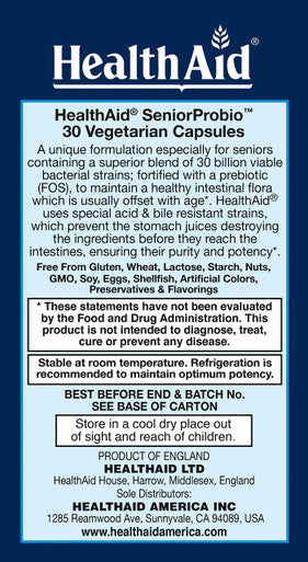 Seniorprobio 30 Caps, Once Daily, 30 Billion With Prebiotic, Acid & Bile Resistant, Lactose, Gluten, And Gmo Free, Vegetarian