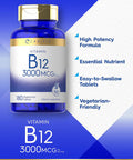 Carlyle Vitamin B-12 3000mcg | 180 Tablets for Adults | Vegetarian Non-GMO & Gluten Supplement