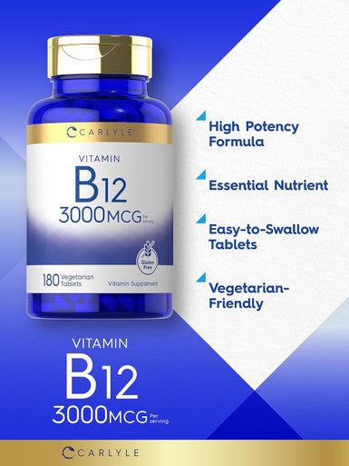 Carlyle Vitamin B-12 3000mcg | 180 Tablets for Adults | Vegetarian Non-GMO & Gluten Supplement