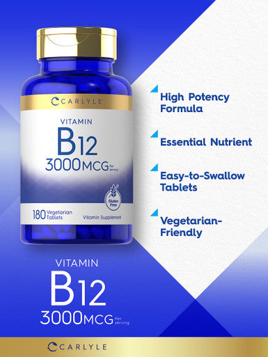 Carlyle B-12 | 3000Mcg Per Serving | 180 Vegetarian Tablets | For S | Vegetarian, Non-Gmo & Gluten Free Vitamin