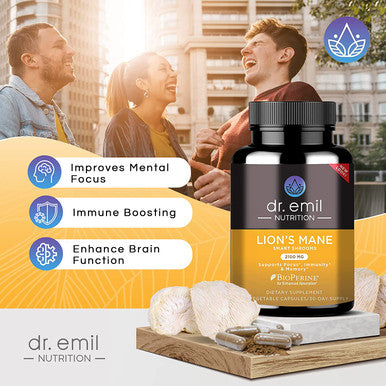 Dr. Emil Nutrition Organic Brain Boosting Nootropic Lions Mane Mushroom Capsules with Absorption Enhancers and Immune Support Lions Mane Mushroom Supplement with 100 Organic Lions Mane Extract