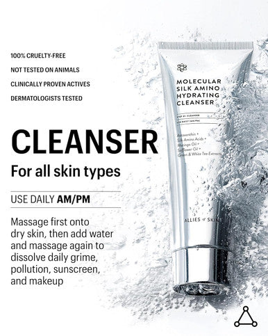Allies of Skin Molecular Silk Amino Hydrating Cleanser: Hyaluronic Acid, Ceramides, Safflower & Moringa Oils. Nourishes, Conditions & Repairs 100 ml/2.4 oz
