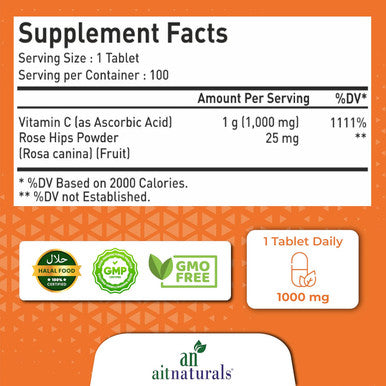 Aitnaturals Vitamin C - 1000mg (100 Tablets) with Rose Hips | Antioxidant Protection Immune Boost Supports Healthy Skin | 100-Day Supply | Non-GMO Gluten- Ascorbic Acid Supplement