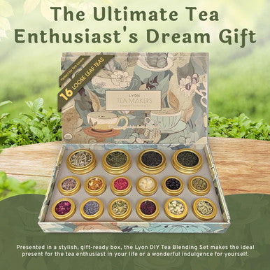 Lyon DIY Tea Blending Set-16 Tin Variety Pack-Premium Herbal Tea & Exotic Floral/Fruit Flavor Infusers - Create 75+ Cups w/Assorted Teas Oolong Chamomile Rose Peach & More