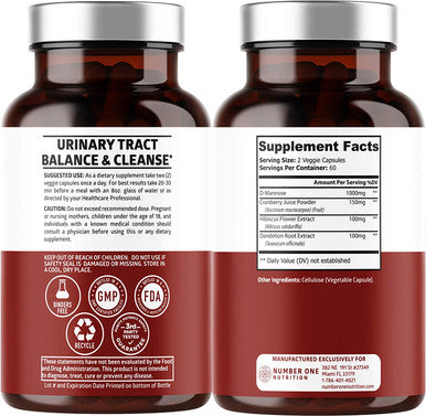 N1N Premium D Mannose with Cranberry and Hibiscus Max Strength 1350mg Naturally Supports Urinary Tract Health Flush Impurities and Bladder Health 120 Veg Caps