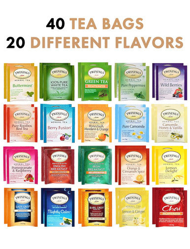 Blue Ribbon Twinings Tea Bags Sampler (40 Count) 20 Flavors s for Mom Dad Family Coworkers Friends Women Men Herbal and Green Tea Lovers